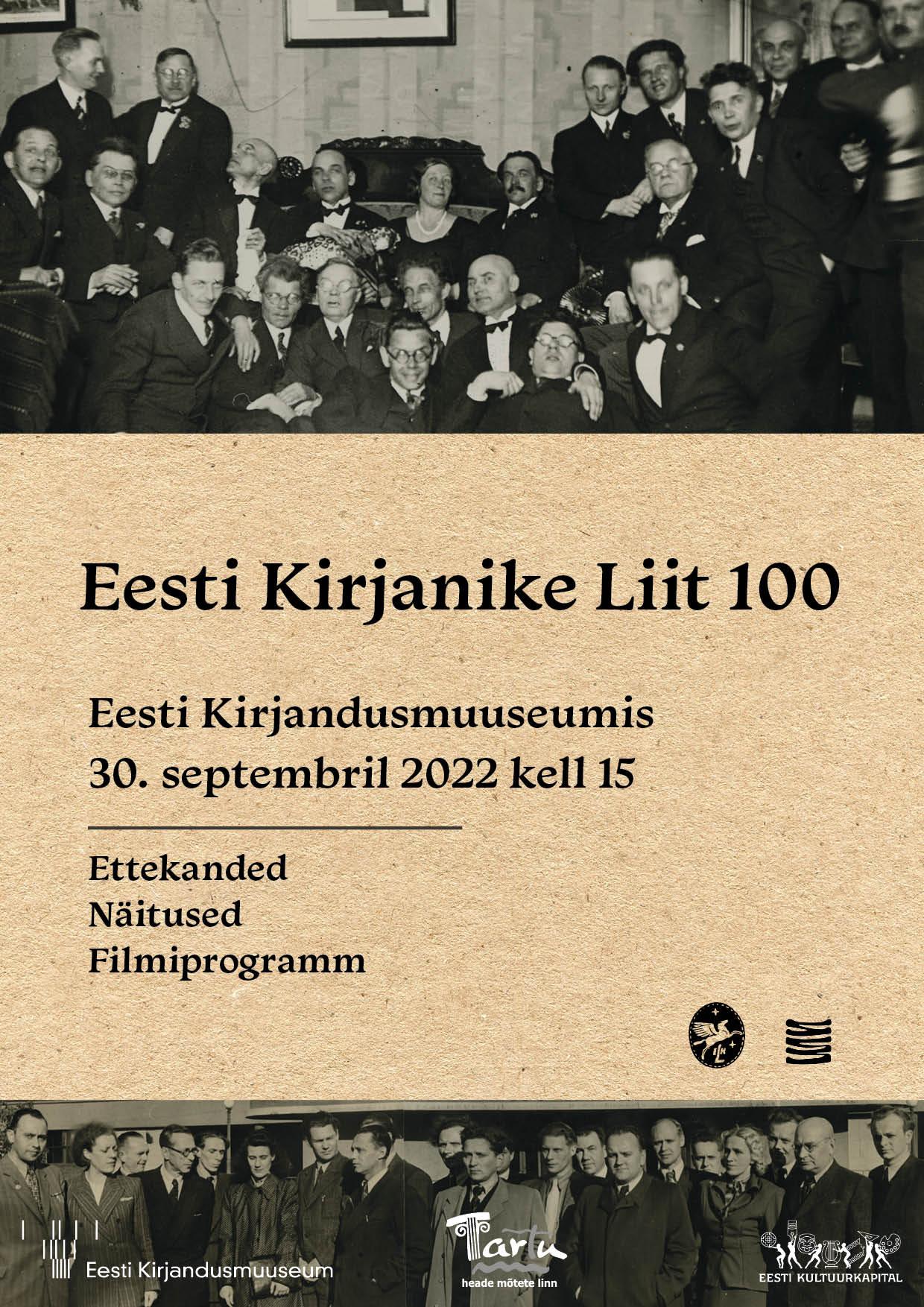 Eesti Kirjanike Liidu liikmed 1930. aastatel: keskel luuletaja Marie Under, tema ümber seisavad ja istuvad rõõmsad pidulikes ülikondades meeskirjanikud.