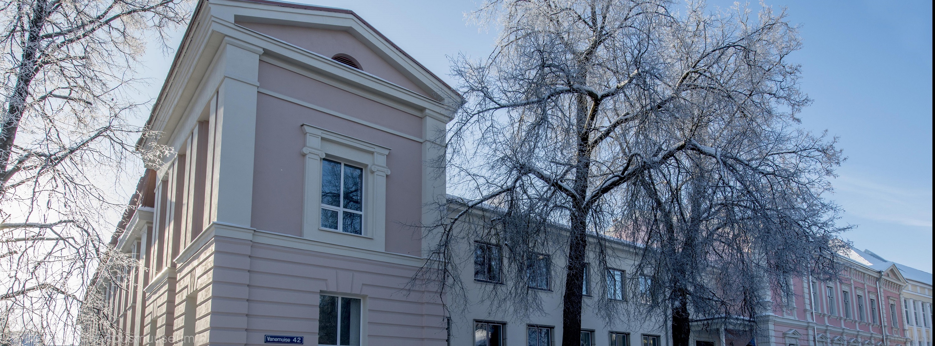 Helge talvine foto Eesti Kirjandusmuuseumi hoone sellest tiivast, kus töötavad paljud folkloristika osakonna töötajad. Näha on kaks valges härmatises puud ja ülal on päikeseline selge helesinine taevas.