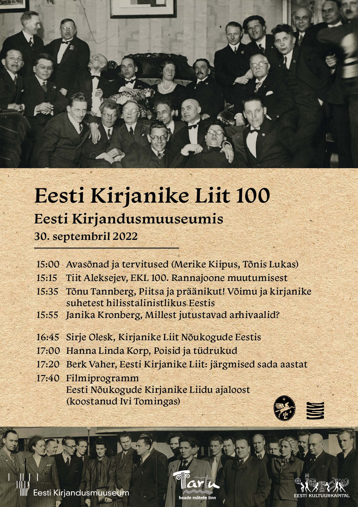 Eesti Kirjanike Liidu liikmed 1930. aastatel (sama foto). Eesti Kirjanike Liidu liikmed 1950. aastatel: tõsiste nägudega kirjanikud seisavad Moskvas ajalehe "Pravda" toimetuse hoone ees.