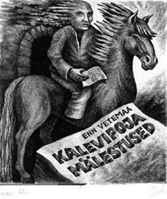 Illustratsioon Enn Vetemaa romaanile "Kalevipoja mälestused",ilmunud 1985, joonistus valmis 1982. Autor: Jüri Arrak 