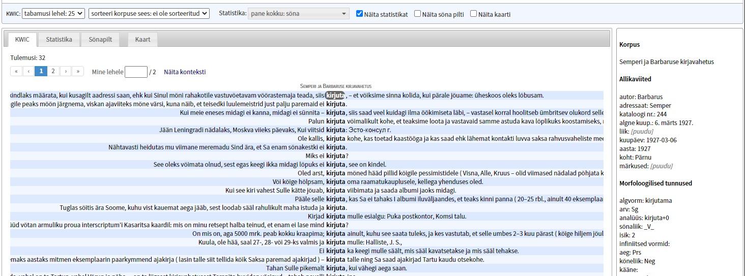 Johannes Semperi ja Johannes Vares-Barbaruse kirjade tekstikorpus KORP keskkonnas.