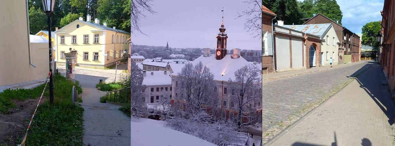 Pildil on kujutatud suviseid Tartu tänavavaateid ja talvist Tartu raekoda.