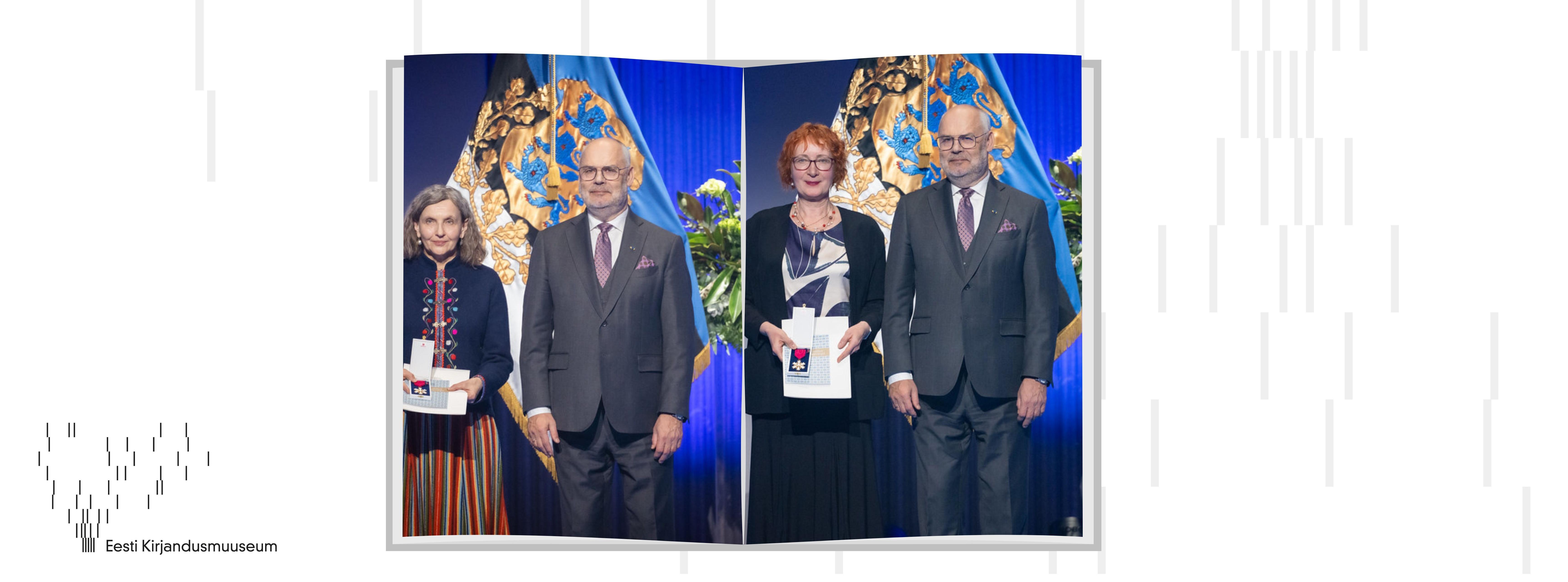 Teenetemärkide saajad Marin Laak ja Kadri Tamm  koos presidendiga